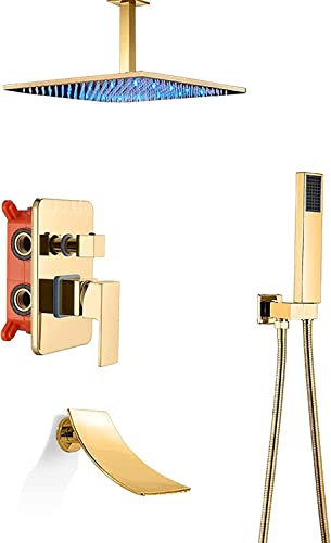Système de Douche à LED, Robinet de Douche encastré avec Bec Cascade, Ensemble de Douche combiné avec pulvérisateur à Main et pommeau de Douche à Effet Pluie carré, Ensemble de Garniture de baignoi