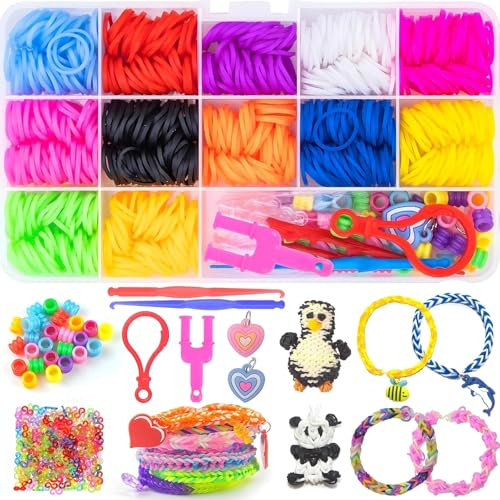 Tuilful 1200+ Loom Band Starter Kit - 12 nastri in gomma dai colori vivaci con ciondoli, ganci, clip a S e scatola portaoggetti, kit per la creazione di braccialetti fai da te per bambini e