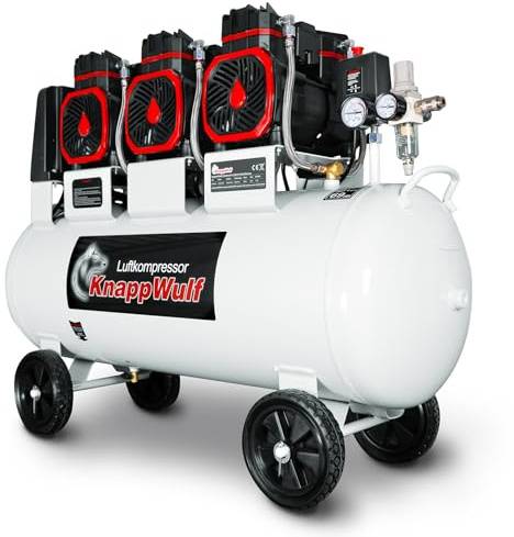 KnappWulf Compressore d'aria a sussurro, KW6200, compressore ad aria, serbatoio da 100 l, 4500 W, 69 dB,10 bar, flusso d'aria 768 min, con separatore d'acqua, silenzioso, 400 V