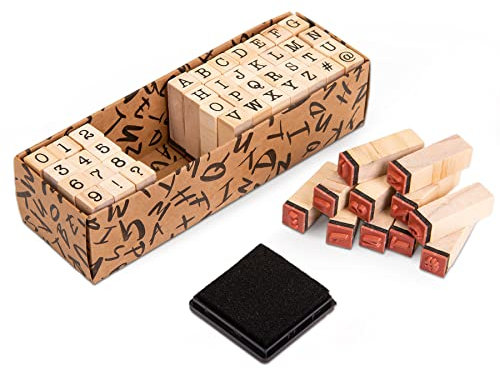 Larcenciel Buchstaben Stempel, 40 Stück Holzstempel - Buchstaben, Zahlen und Symbole Set, Klein Alphabet Stempel mit Stempelkissen, Stempelset für Handwerk, Scrapbooking, Kartenherstellung, Planer