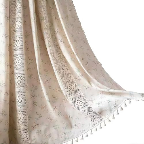 Deeprove Boho Curtains for Bedroom, Cream Hollow Crochet Stripes and Florals Print Cotton Linen Fabric Patchwork, Bohemian Beige Tassel Semi-Blackout Window Panel Farmhouse Drape 1 Panel, W59 x L84