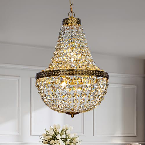 ALOADECOR 4-Light B35 cm Vintage Crystal Basket Kronleuchter Französisch Land Dekor in Antique Gold Einzigartige Kristall-Kronleuchter für Esszimmer Schlafzimmer