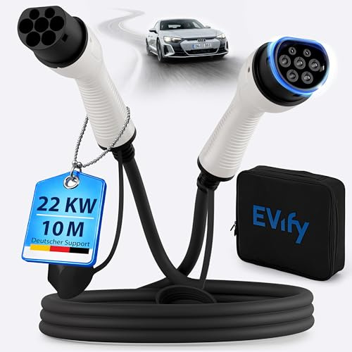 EVify Câble de charge de type 2 22 kW 10 m 32 A pour voiture électrique & hybride avec sac de câble - Câble triphasé pour EV PHEV - Convient pour toutes les voitures E modèle 3 S X Y, ID3, ID4, ID5