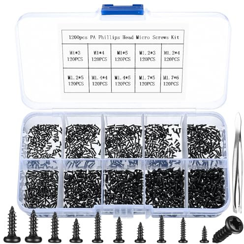 1200 Stk Selbstschneidende Schraubenset, Kleine Schrauben Set,M1 M1.2 M1.4 M1.7 Mini Kreuzschlitzschrauben mit Linsenkopfschrauben Sortiment Set für Elektronik Uhrmacher Brillen Schrauben