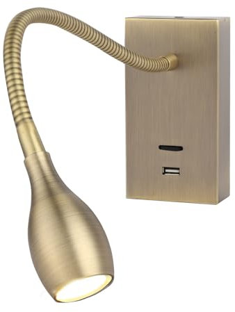 Meanyee Lampada da lettura da parete, lampada da comodino a collo di cigno con interruttore/porta di ricarica USB/regolabile, 3 W, 3000 K, finitura bronzo/MY-WN198T