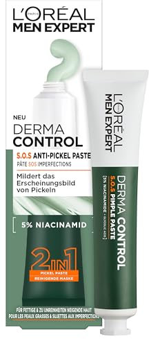 L'Oréal Men Expert S.O.S 2in1 Pickelpaste für Männer, Auch als Gesichtsmaske für unreine & zu Akne neigende Haut, Anti-Pickel Gesichtsreinigung für Herren mit 5% Niacinamide, Derma Control, 1 x 45 ml