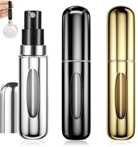 ETISEN, 3 Pezzi 5ml Atomizzatore di Profumo, Ricaricabile Spruzzino Profumo, Mini bottiglia spray portatile, Spruzzatore per bottiglie di profumo con finestra, Buono per viaggi (nero, argento, oro)