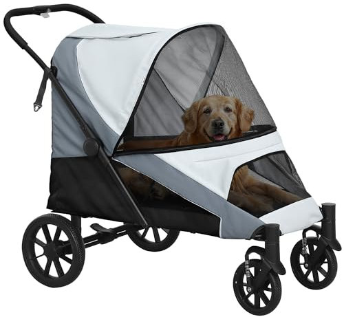PawHut Hundewagen Hundebuggy klappbar für große Hunde & Katzen bis 30 kg Katzenbuggy mit Kissen Netzfenstern Türen Aufbewahrungstasche Katzenwagen Buggy Grau