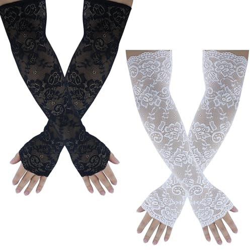 SZYLJSY 2 unidades (2 tipo) blanco/negro guantes largos de encaje sin dedos para mujer longitud del codo florales largos boda novia guantes de flores para fiestas de té de los años 80 Accesorios de