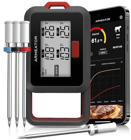 Termómetro digital para carne inteligente, termómetro para asar, Bluetooth, inalámbrico, impermeable, termómetro de cocina, LCD, con sonda larga, adecuado para cocinar, carne, barbacoa, barbacoa