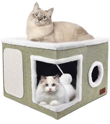 Cat House for Indoor Cats, Large Cat Cave Bed with Scratch Pad and Fluffy Ball, Foldable Condo Hideaway with Reversible Cushion for Multi Small Pet 41D x 41W x 32H cm, Green