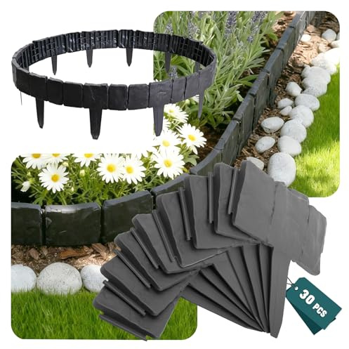 VOUNOT® Bordure de Jardin 7.5m Imitation Pierre en PP Durable Clôture Gazon Décorative Facile à Installer pour Allée Pelouse Parterre Lot de 30pcs Gris