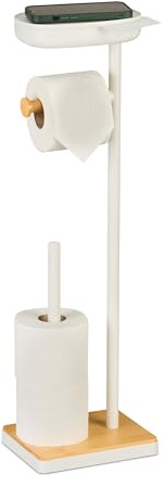 Relaxdays Serviteur WC, Non Fixe, réserve pour 3 Rouleaux, H x L x P : 68 x 20,5 x 16 cm, Blanc et Nature