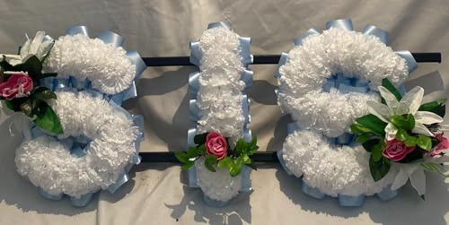 Silky Bouquets Customizable Funeral Flowers - Personalized Artificial Silk Flowers for Graves & Funerals | Lasting Remembrance with Any 3 Letters | Sis Tribute with Lily & Rose Clusters