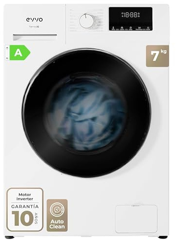EVVO Lavadora Carga Frontal TERRA N - Capacidad 7 Kg, 1400 RPM, E. Energética A - Motor E-DRIVE Inverter Silencioso, 16 Programas, Máximo Ahorro