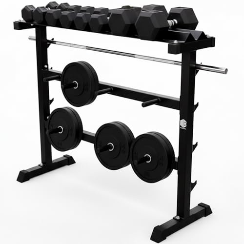 ManiBoom Soporte Mancuernas con 4 Ganchos para Barras y 7 Organizador de Discos - Soporte Discos Pesas ROBUSTO Carga Max. 300KG - Soporte Pesas para Gym en Casa - Mueble Organizador Gimnasio Compacto