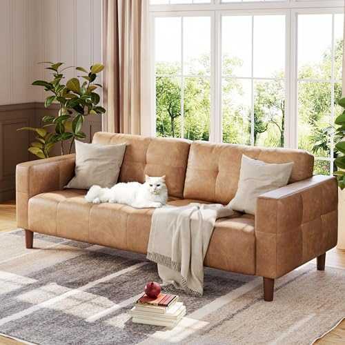 IDEALHOUSE 83” Brown Faux Leather Couch, 3 Seater Sofa Couches with 2 Removable Back Cushions for Living Room, Large Mid Century Modern Office Apartment Couch (Brown)