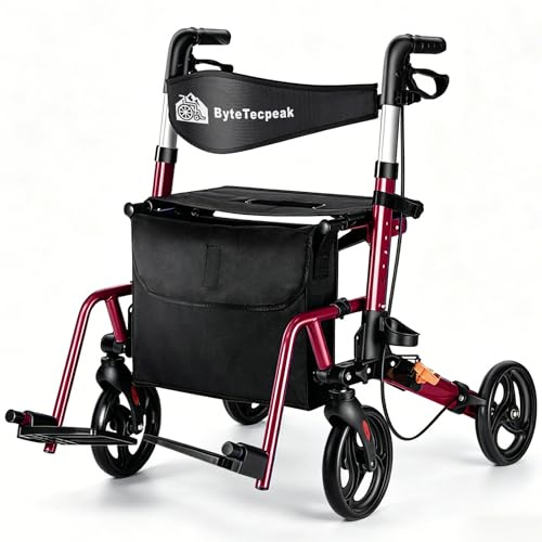 R3 Deambulatore leggero 2 in 1 e sedia a rotelle– Carrello pieghevole regolabile in altezza ed ergonomico, con funzione sedia a rotelle per interni ed esterni, con custodia (Rosso)