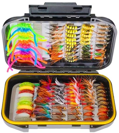 Qitewwrme Varierade flugor kit, 24/38/102/114 stycken, våta torra flugor, nymfer, fjärilar, streamers gnats maskar, låda ingår, öring laxabborre