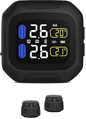Motorcycle TPMS Tire Pressure Monitor System with 2 External Sensors, Auto Tyre Alarm System Universal TPMS LCD Display for Two-Wheeled Motorcycle Wireless TPMS