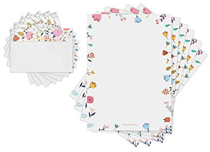 Friendly Fox Briefpapier Set Blumen, DIN A4 Briefpapier Erwachsene, 20 Blatt inkl. 20 Umschläge, einseitig bedruckt