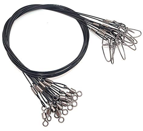 VOANZO - 20 líderes de alambre de acero inoxidable para pesca con giros y broches de presión, alta resistencia, 150 libras, resistente, 19 pulgadas, color negro