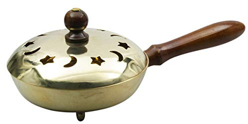 NKlaus rökelsepanna med handtag av äkta trä mässing guld lock avtagbar Ø 11 cm för rökning harts drifttyp rökkål 2174