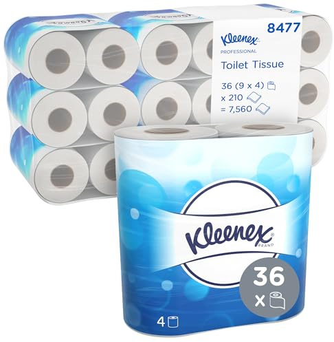 Kleenex Standard Size Toilet Roll 8477-2 Ply Toilet Paper - 9 Packs of 4 Toilet Rolls x 210 White Toilet Tissue Sheets (36 Rolls / 7,560 Sheets Total)