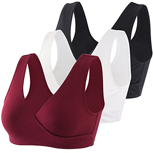 COLOMI Graviditets-amnings-bh trådlös amnings-bh i bomull för sömn, Svart + vit + röd vin/3-pack, XXL