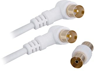 apm Câble TV Antenne 9.52mm, Coudé 2 Mètres, Connecteurs Gold Mâle/Mâle, Cordon Coaxial 90° Blanc avec Adaptateur Femelle/Femelle Inclus, Compatible TV Décodeur TNT Fiche Murale 9.52mm, 408018
