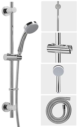 Croydex Presion Chrome Shower Riser Rail Kit - 68cm Riser Rail, Pressure Boosting Shower Head, 1.5m Stainless Steel Hose and Adjustable Handset Holder, with Flexi-Fix Wall Brackets (Chrome)