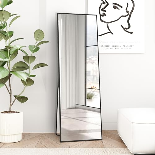 Beauty4U Full Length Mirror 150x40cm Free Standing, Hanging or Leaning, Large Floor Mirror with Black Aluminum Alloy Frame for Living Room or Bedroom