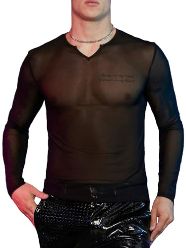 WDIRARA Men's Mesh See Through Tee Notched V Neck Long Sleeve Slim Fit Concert Rave T-Shirt Tops Black M