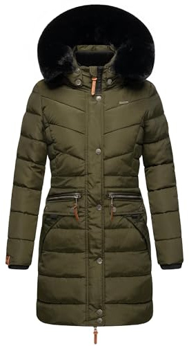 Navahoo Paula manteau d'hiver pour femme matelassé long Olive foncé avec fourrure noire XS