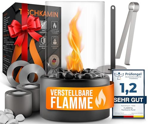 flammtal Bioethanol Tischkamin Round für Garten Terrasse Balkon Tisch Deko - Tischfeuer für Indoor & Outdoor 4h Brenndauer - Verstellbare Flamme - Bio Ethanol Kamin mit Zwei Steinarten Schwarz & Weiß