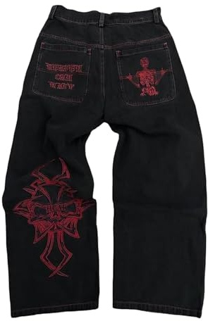Jeans Vintage Bordados Y2K para Hombre, Pantalones Denim de Moda con Motivo de Esqueleto, Streetwear Hip Hop Relajado con Corte Ancho