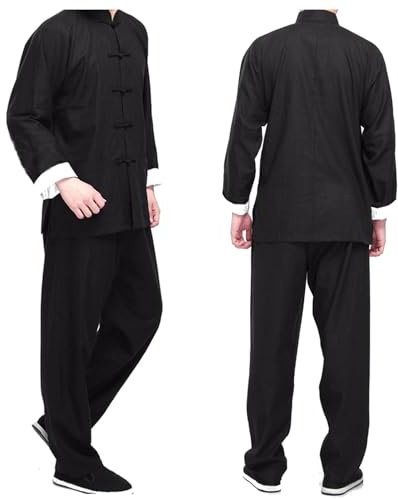 Crysterris Tai Chi Uniform for Men, Chinese Traditional Kung Fu Suit, Martial Arts Cotton Clothing Coat Tops and Pants set (S, Black)