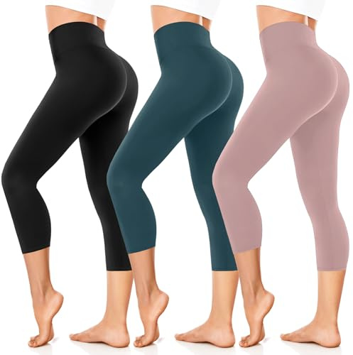 FuelMeFoot Legging 3/4 pour femme, taille haute, noir, capri opaque, pour le sport, le yoga, la gym.