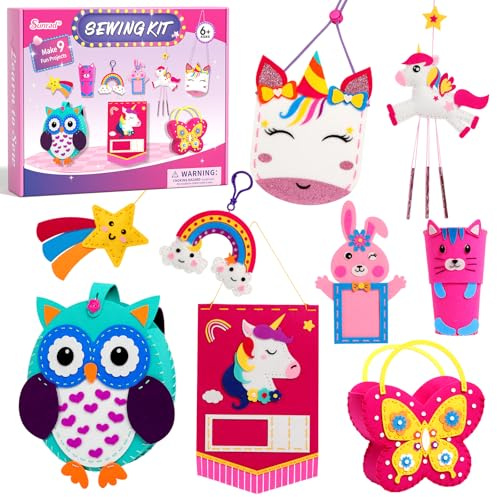 Sunrad Set da cucito per bambini, kit da cucito in feltro, fai da te creativo, set fai da te per bambini, include unicorno, istruzioni e materiale in feltro per imparare a cucire, set fai da te per