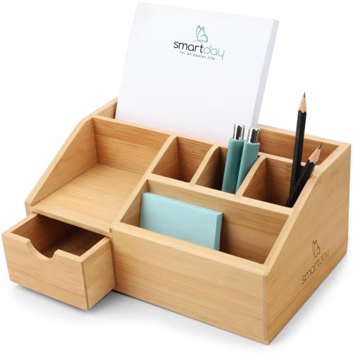 smartday Schreibtisch-Organizer aus Holz mit Schublade - Stiftebox, Schreibtischablage Büro Organizer I Ablage, Stiftehalter aus Bambus für Schreibtisch, Büro, Home-Office