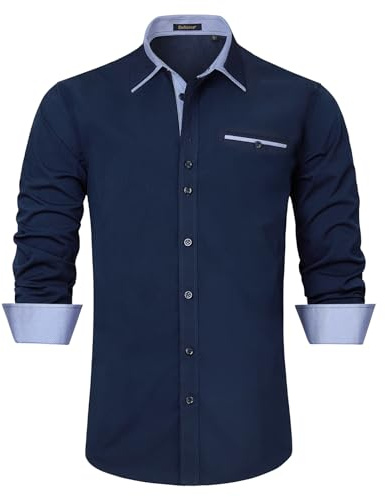 Enlision Camicia Blu Scuro Uomo Manica Lunga Regular Fit XL, Camicia Elegante con Tessuto Antirughe No Stiro, Abbigliamento Formale Business Casual per Ufficio Matrimonio Cerimonia