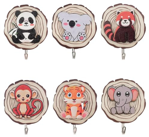 YunBey Children's Coat Hooks 6Pcs Self-Adhesive Wood Wall Hooks in Animal Shapes for Clothes, Hats, Towels, Keys, Kitchen, Home and Bedroom