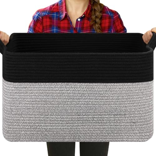 OIASKET Blanket Basket for Living Room, Woven Cotton Rope Basket for Storage Clothes, Towels, Pillows, Toy Storage Bin for kids with Handles, 20 x 16 x 12, Black and Grey