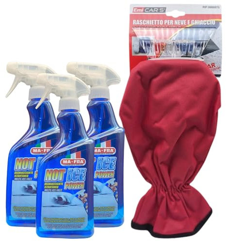 SET PER AUTO: Deghiacciante Spray Istantaneo NOT ICE POWER, Scioglie Rapidamente Gelo, Neve e Ghiaccio. Ideale Anche Per Serrature e Guarnizioni 500ml + Raschietto a Guanto (3xSpray+Raschietto)