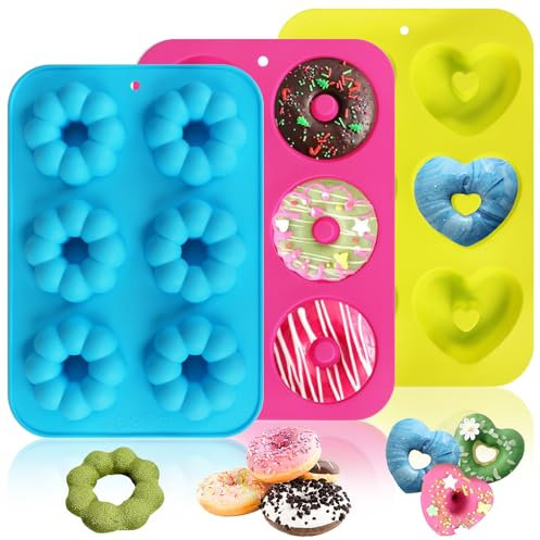 AUTOWNLUX 3 Stück Silikon Donuts Backform, 6 Hohlräume Donut Maker, Donutmaker Antihaft, Donutformen für Kuchen, Kekse, Bagels, Muffins (Runde, Herzförmig und Blumen)