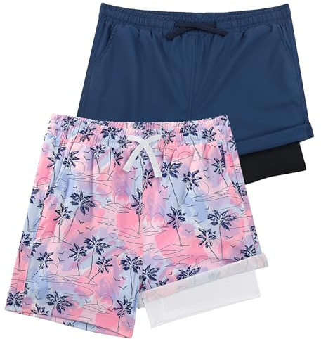 LACOFIA 2 Piezas Bañador Niños 2 en 1 Pantalones Cortos Playa/Piscina con Forro de Compresión Ropa de Baño para Niño Short de Natación con Cintura Elástica Azul Marino+Rosa 5-6 años