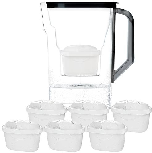 Wessper Jarra Filtradora Agua con Filtros, Jarra para Puerta de Frigorífico de 2,7 Litros, Filtro con Carbón Activo y Resina de Intercambio Iónico, Jarra y Juego de 6 Cartuchos – Negro