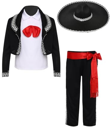 Miaeowve 5pcs Kids Traditional Mariachi Dress Up Costume Halloween Cosplay Vest Pants Jacket Waistband and Hat Set Black 7-8 Years