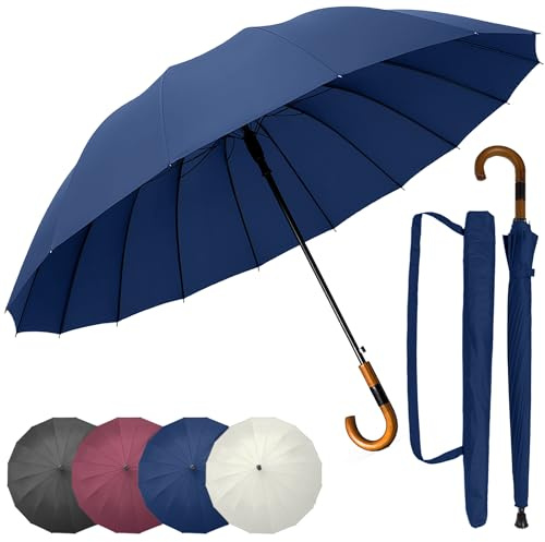 unycos - Paraguas de Golf Resistente al Viento【Grande, XL】 Automático e Impermeable con Mango de Madera, Protección UV para Hombre y Mujer, 120 cm, 16 Varillas | Incluye Funda y Correa (Azul Oscuro)