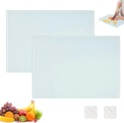 Tabla de Cortar de Vidrio, Set de 2 Tabla de 28 x 20 cm Cortar de Vidrio Transparente, Tablas de Cortar de Vidrios Templado, Para Frutas, Carne, Verduras, Para Encimera De Cocinas, Mesa